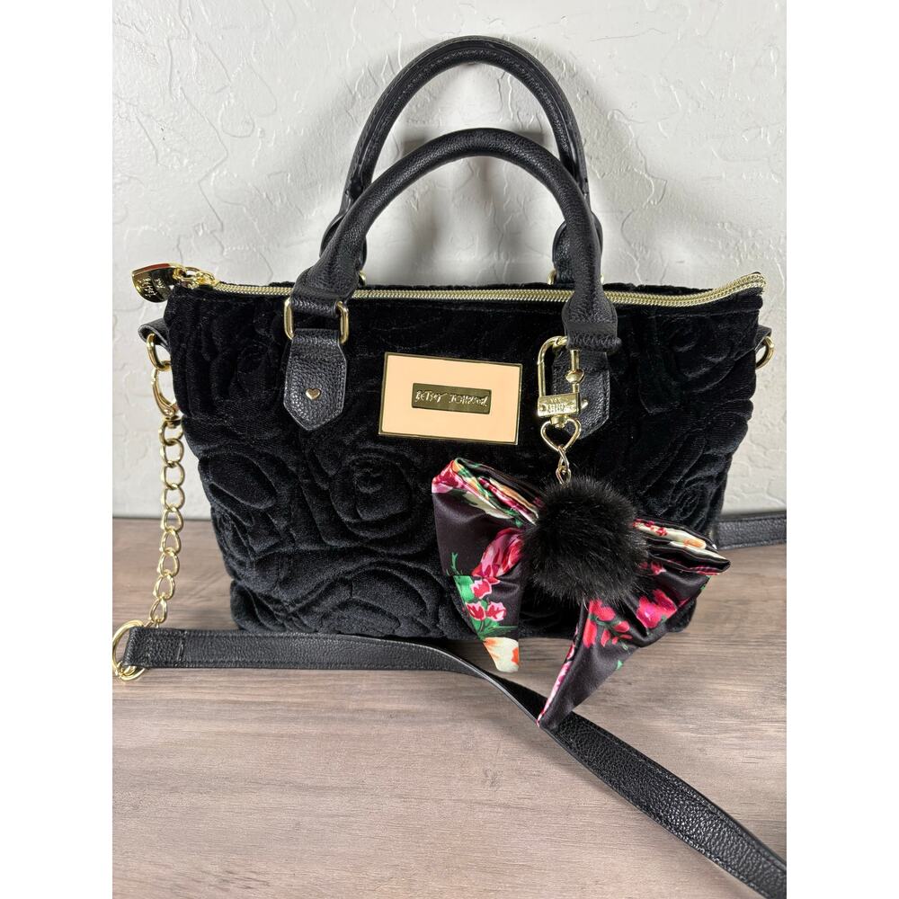 Betsey Johnson Black Velvet Crossbody Satchel with Floral Bow - Picture 2 of 7